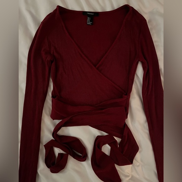 Forever 21 Small Ribbed Burgundy Tie-up Wrap Crop Top - Picture 6 of 11